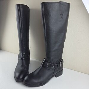 Nine West Jamisono Black Pebbled Leather Moto Riding Tall Side Zip Boots Wmns 8M